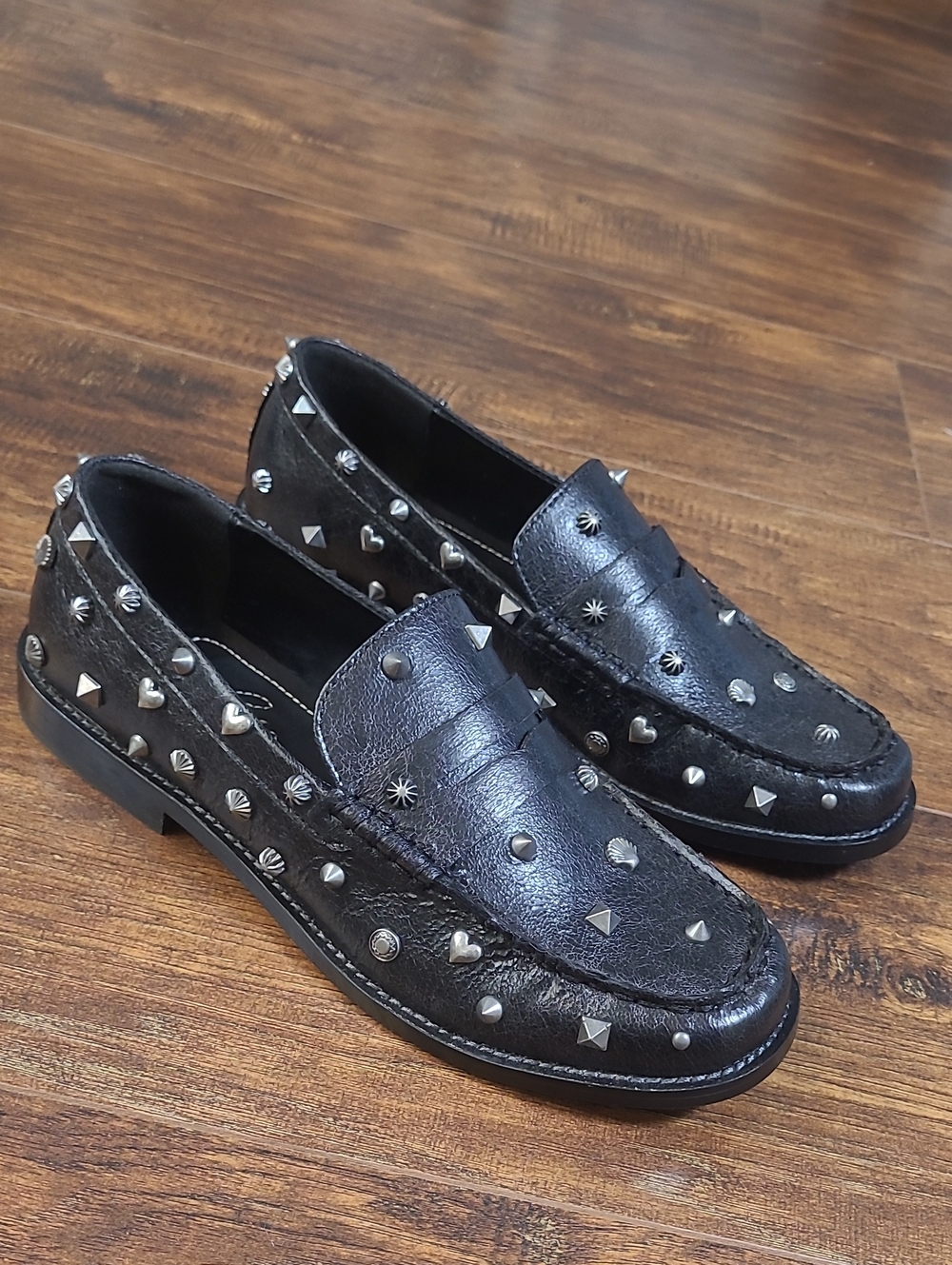 Free People Suki Studded  Black Leather Loafers Size 8